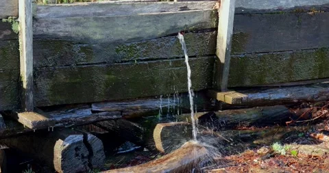 Water pouring out between boards of an old wood mill race or sluice. Video stock 280148745