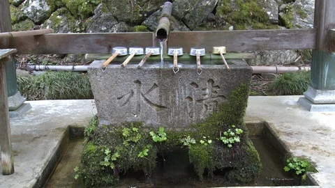Water pouring out of pipe into hand washing basin at temple, Japan Stock Footage 86758799
