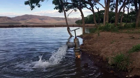 Water pours in to small pond from tap HD Video stock 80235396