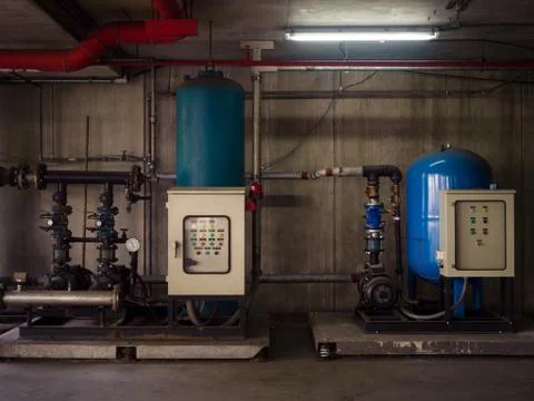 Water pump booster system panel for piping Foto stock