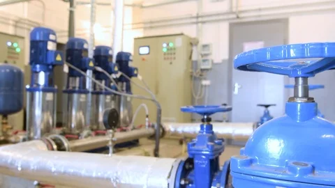 Water pump station. Valve faucet and pumps Stock Footage