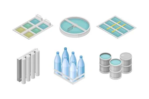 Water Purification Process with Barrel and Reservoir Isometric Vector Set Illustrazione stock