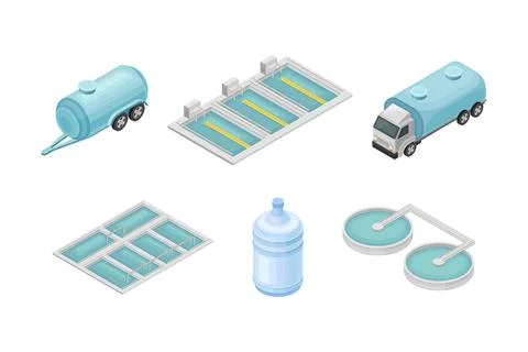 Water Purification Process with Liquid in Bottle and Basin Isometric Vector Set Stock Illustration