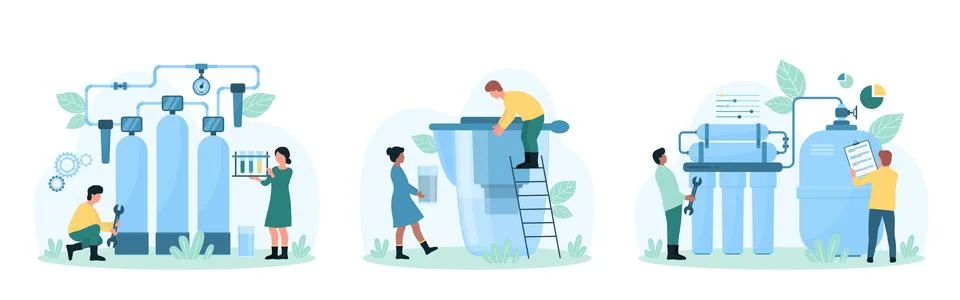 Water purification set, tiny people repair water treatment facility, test Stockillustratie
