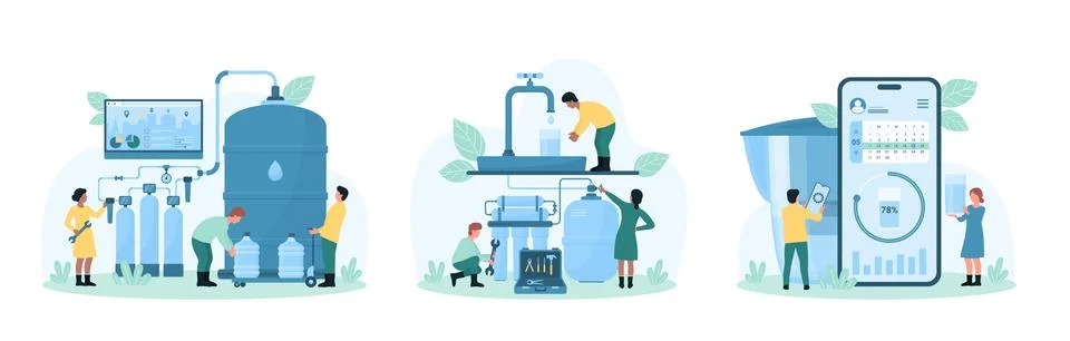 Water purification set, tiny people repair water treatment facility, test Illustrazione stock