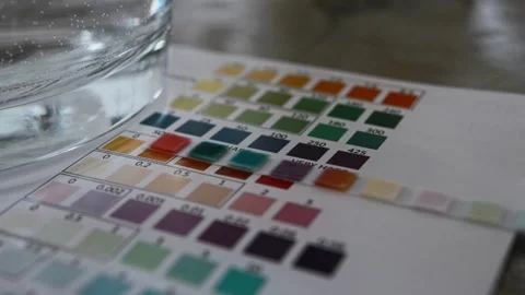 Water quality testing process with chemical test strip placed on paper color Stock Footage 329214122