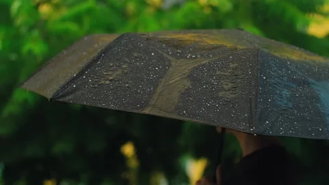 Water rain drops falling on black umbrella. Woman holding umbrella in the Stock Footage 251735921