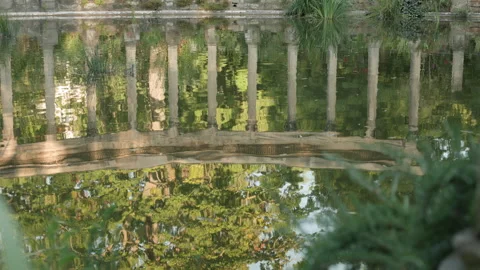 Water Reflection of Classical Corinthian Colonnade and Green Trees on a Calm Par Stock Footage 340477487