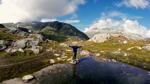 Water reflection of man standing in front of mountain lake Stock Footage 42281315