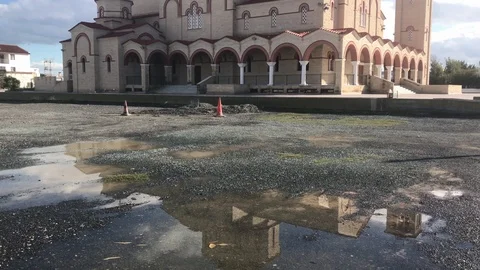 Water Reflection Tilt Shot of Big Church. Saint Polydoros Church, Nicosia Stock Footage 100676875