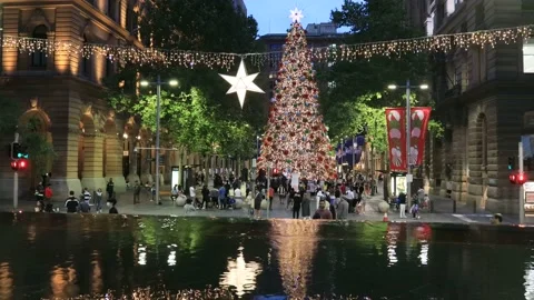 Water reflection of Xmas tree in Sydney city on Martin place with lights in 4k. Stock Footage 145831737
