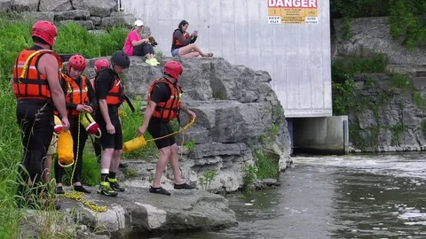 Water rescue throwing rope to drowing victim practice 4k Stock Footage 78079632