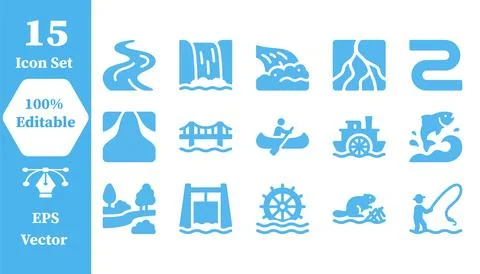 Water resources and aquatic activity blue icon set with fishing rod, water .. Stock Illustration