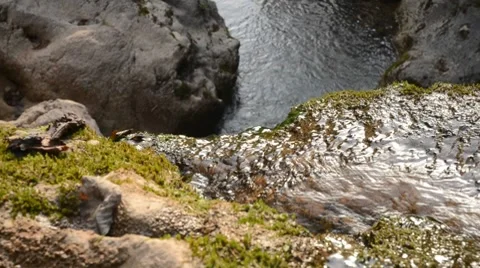 Water running down a cliff with pan Stock Footage 8624147