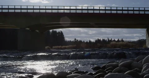 Water running fast passing rocks in mountain river with a bridge in BG. Stock Footage 147633642