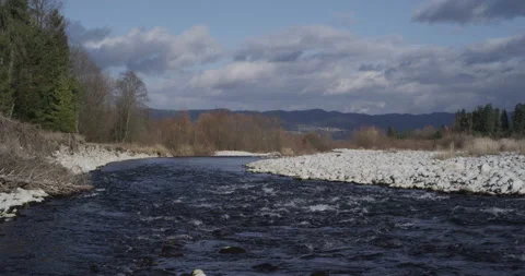 Water running fast passing rocks in mountain river. Video stock 147633692
