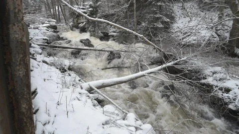 Water rushing down rapids in winter landscape 4K Video stock 85538531
