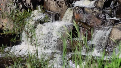 Water rushing over rocks with grass in the foreground Video stock 163340384