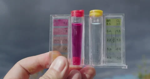 Water samples for PH and chlorine levels. Hand holding against the sky - Stock Footage 255487049