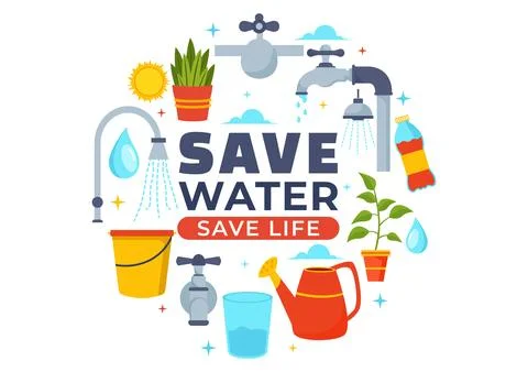 Water Saving Vector Illustration for Mineral Savings Campaign and Energy Ut.. Stock Illustration