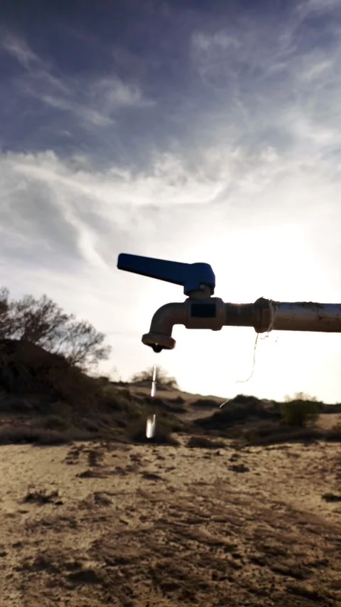 Water scarcity concept with dripping tap in a desert landscape Video stock 329556587