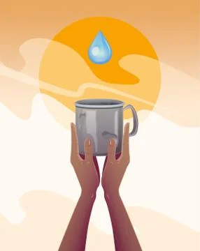 Water scarcity. hands with an empty mug, thirsty for water in a drought. Global Stock Illustration