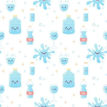 Water seamless pattern, soda, drink, bottle, can, h2o vector illustration Stock Illustration