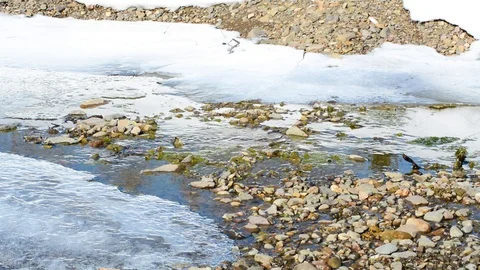 Water in a shallow river in early spring with snow and ice Stock-Footage 106251582