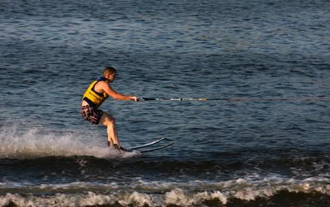 Water skiing in river Dnipro Stock Photos