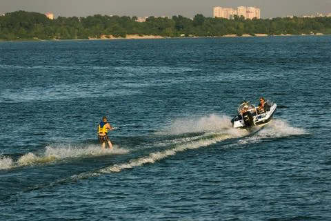 Water skiing in river Dnipro Stock Photos