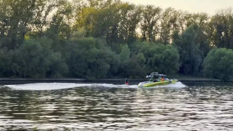 Water-skiing at river Stock Footage 303013117