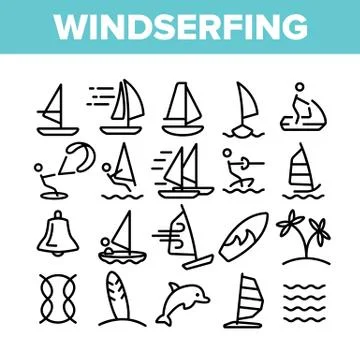 Water Skiing, Windsurfing Linear Vector Icons Set Stock Illustration