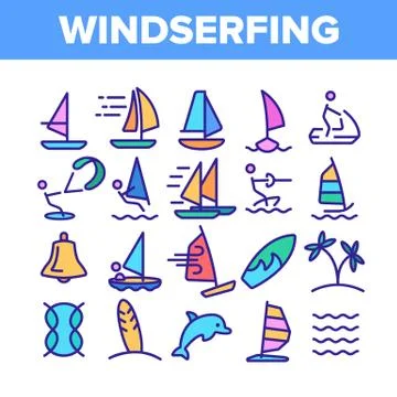 Water Skiing, Windsurfing Linear Vector Icons Set Stock Illustration