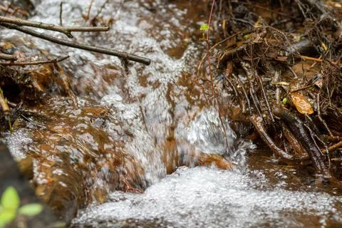 The water source flows down the rocks into the river Stock Photos