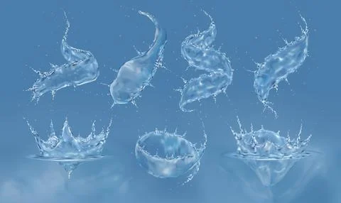 Water splash. 3D drop, sea liquid. Wave swirl set. Plop in fluid. Flow whirlp Illustrazione stock