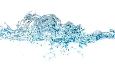 Water splash and air bubbles isolated over white background. Blue water wave  Stock Photos