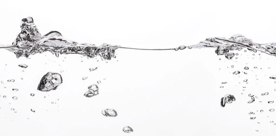 Water splash banner on white background. Water poured into tank, bubbles and Stock Photos