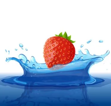 Water splash with berry and reflection effect. Red strawberry fruits falling Stock Illustration