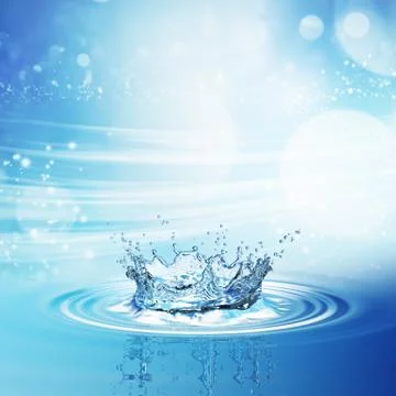 Water splash in dark blue color with a drop of water flying from above Ilustração Stock