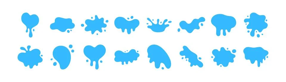 Water splash drop vector liquid puddle fluid shape cartoon icon set. Blue splash Stock Illustration