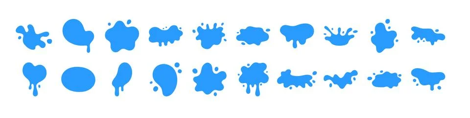 Water splash drop vector liquid puddle fluid shape cartoon icon set. Blue splash Stock Illustration