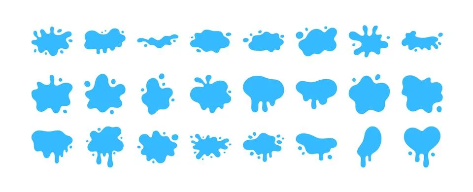 Water splash drop vector liquid puddle fluid shape cartoon icon set. Blue splash 스톡 일러스트