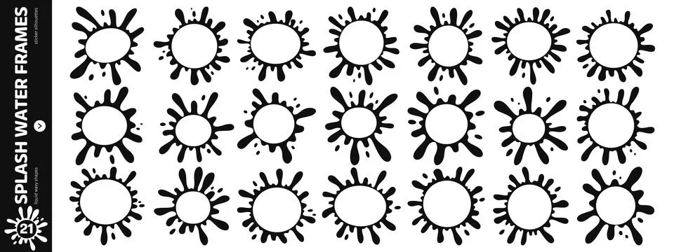 Water splash frames with liquid edges. Black splash silhouettes and organic.. Illustrazione stock