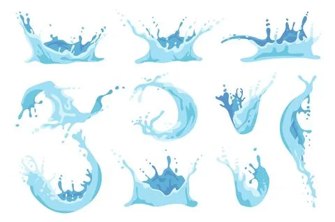 Water splash set graphic elements in flat design. Bundle of different curl wa Stock Illustration