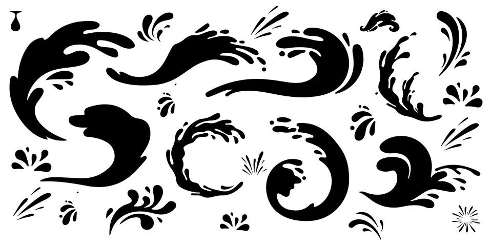 Water splash silhouettes set vector illustration. Splash silhouette with dr.. Stockillustratie