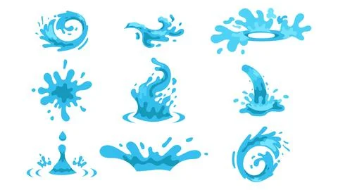 Water splash vector set with cartoon liquid waves, ripples, and ocean fluid Stock Illustration