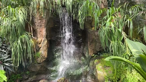 Water splashed from garden waterfall decorations in a indoor park Video stock 315347196