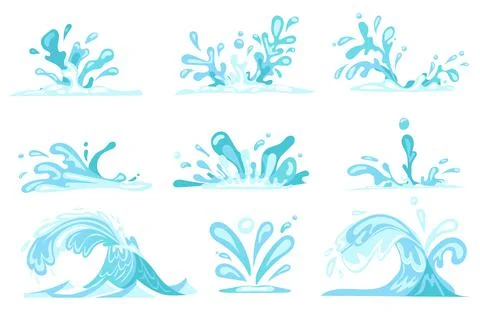 Water with splashes and drops set isolated elements. Bundle of fresh and clean Stock Illustration
