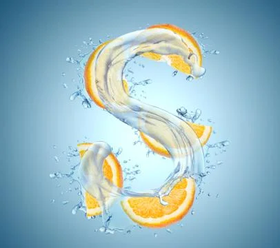 Water splashes and oranges slice letter S Stock Photos