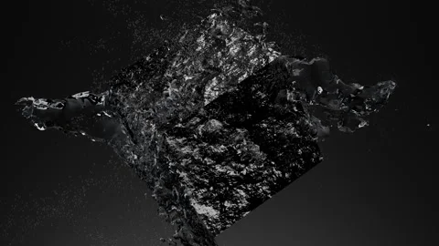 Water splashes and spray. Abstract cube made of coal. Stock Footage 244384989